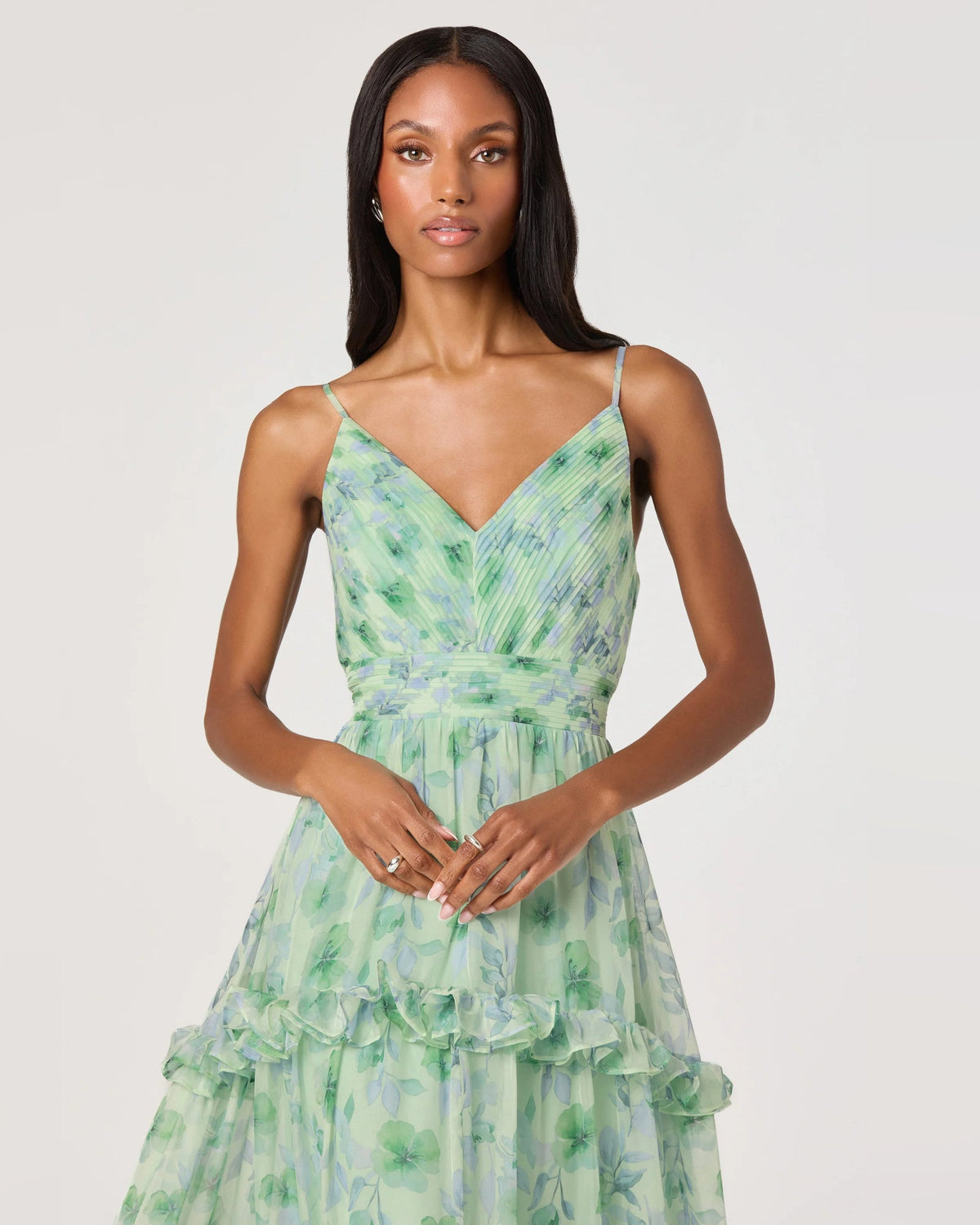 Green floral spaghetti-strap A-line maxi dress with tiered ruffles and V-neck