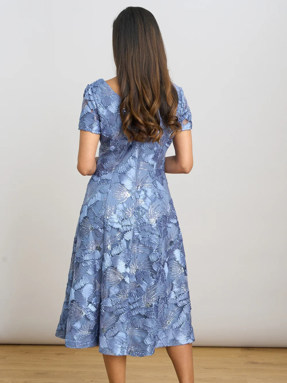 Dusty blue A-line midi dress, back view with short sleeves and textured sequin embroidery