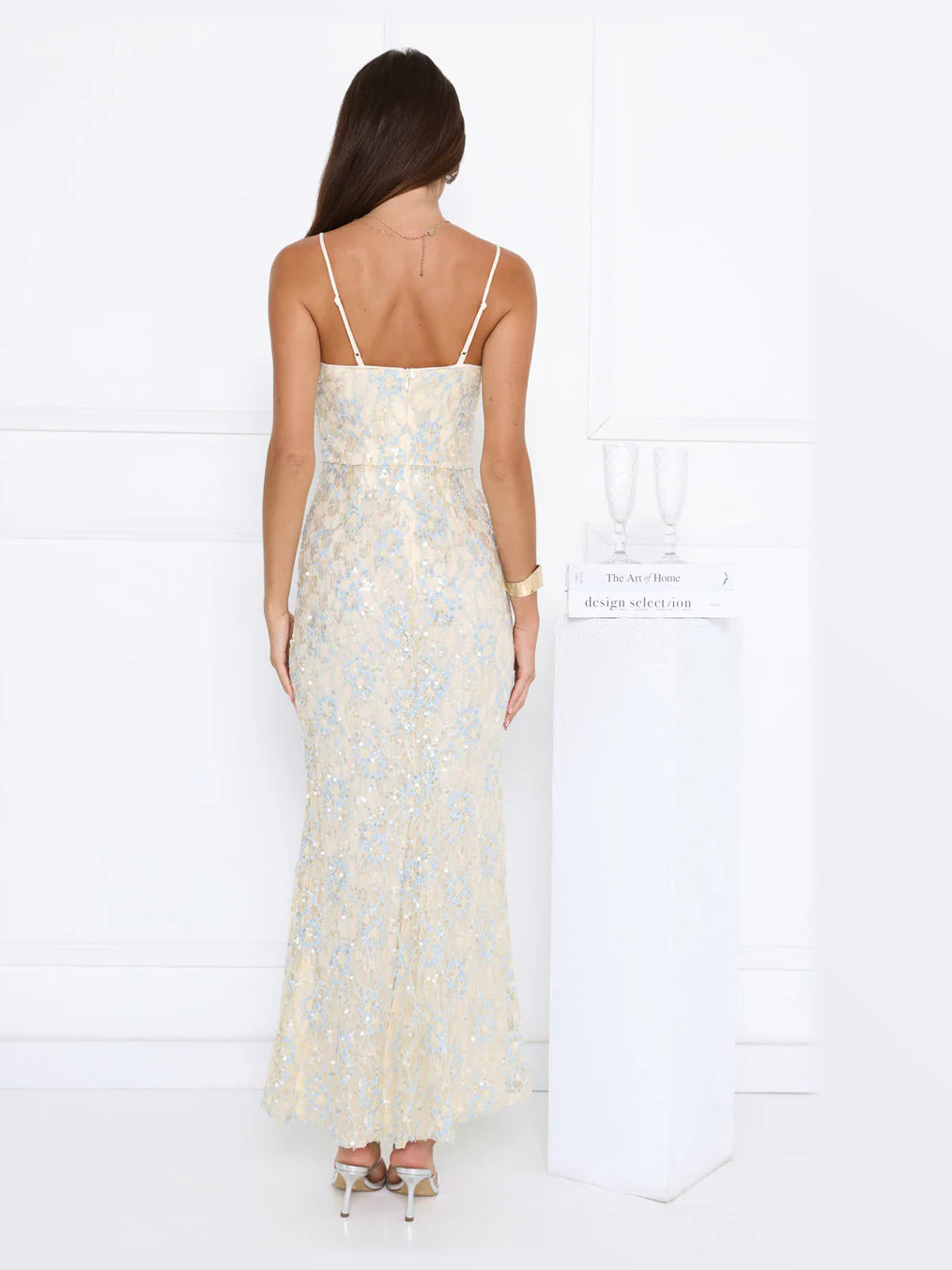 Yellow maxi formal dress, back full-length view showing the bodice