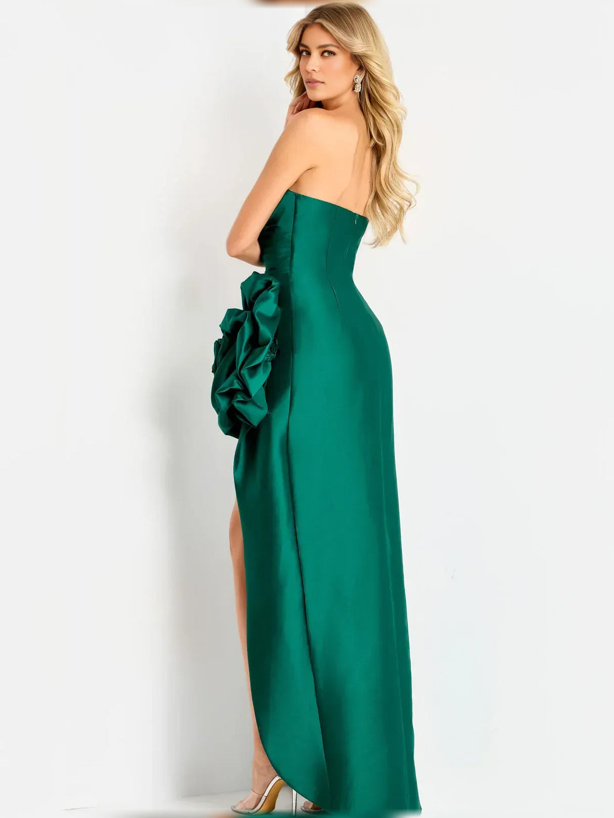 Dark green strapless formal dress, side drape with rosette accent, floor-length, high slit