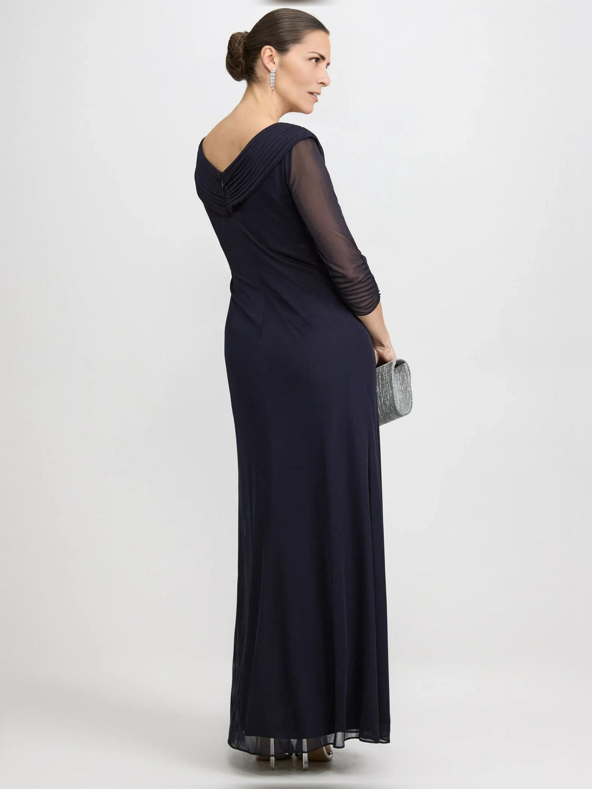Dark navy A-line mother of the bride dress with draped ruched back, sheer sleeves