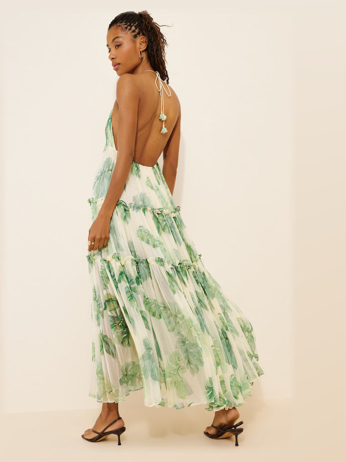 Green Palm Print maxi formal dress, back full-length view showing the bodice