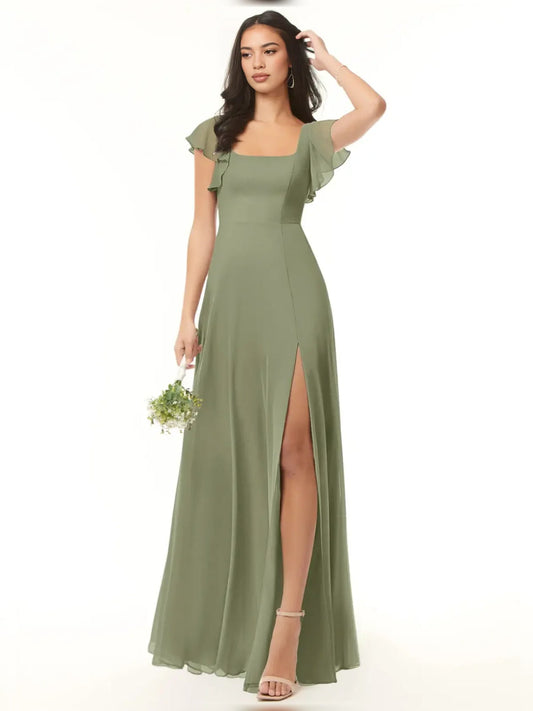 Sage green chiffon A-line maxi dress, square neck, flutter sleeves, side slit.