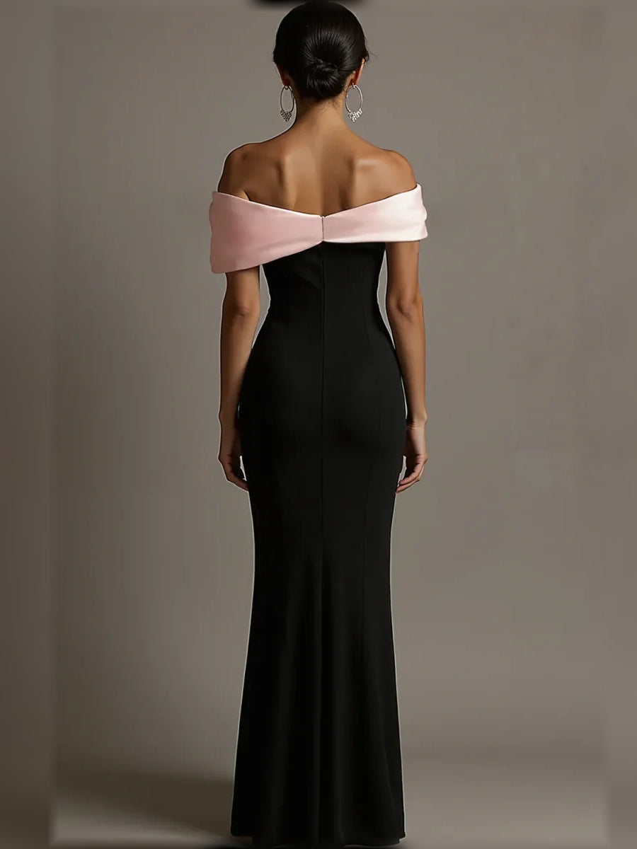 Black off-shoulder corset A-line formal maxi dress with pink satin off-shoulder drape