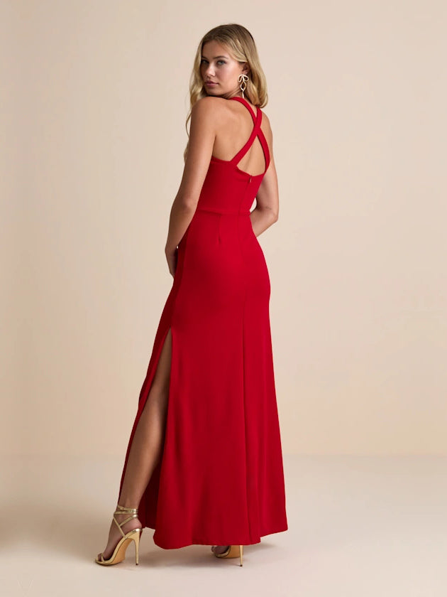 Red column maxi formal dress with skirt slit, full-length back view