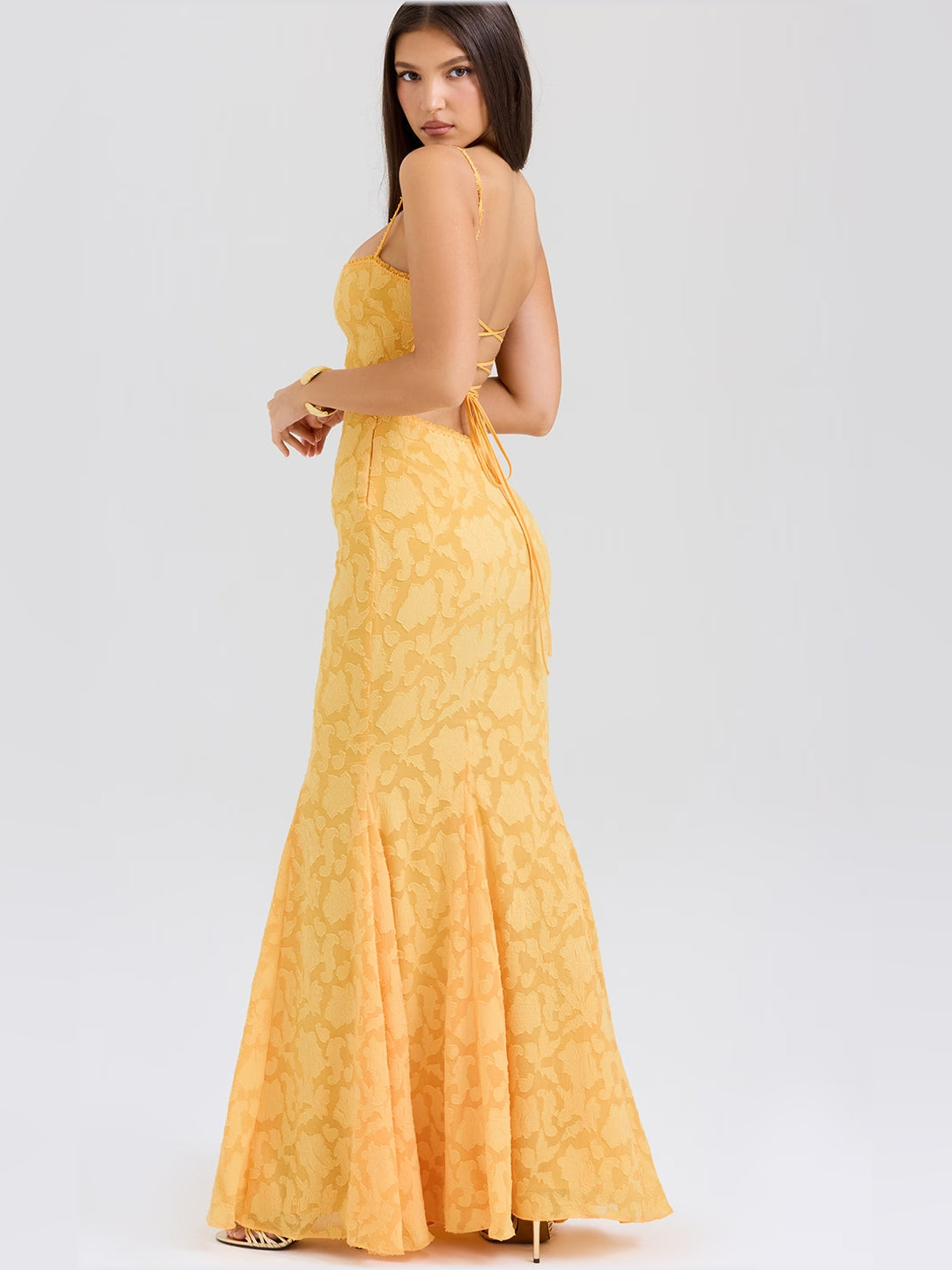 Apricot mermaid maxi formal dress with lace-up back, full-length back view