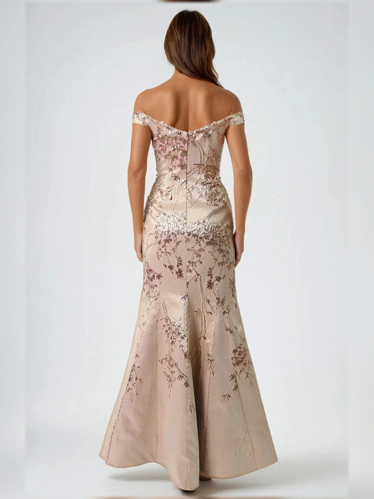 Champagne floral back view dress, off-shoulder cap sleeves, A-line floor length