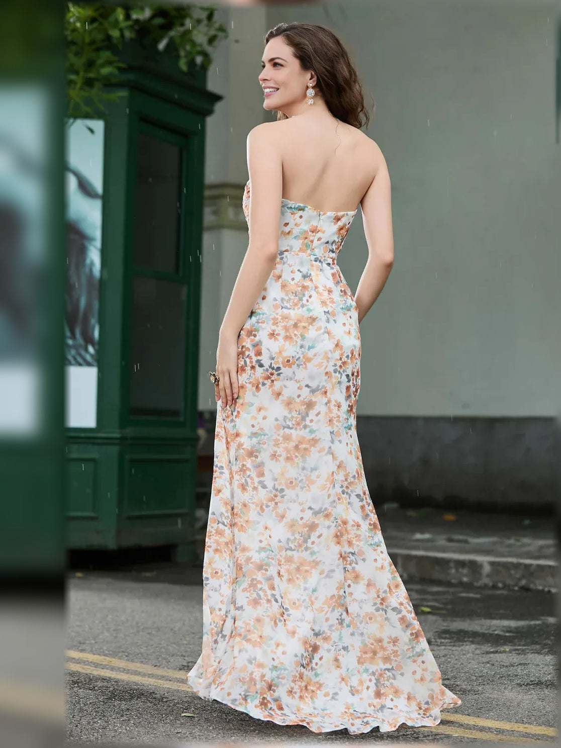 Strapless floral formal dress back view with ruched bodice and floor-length skirt