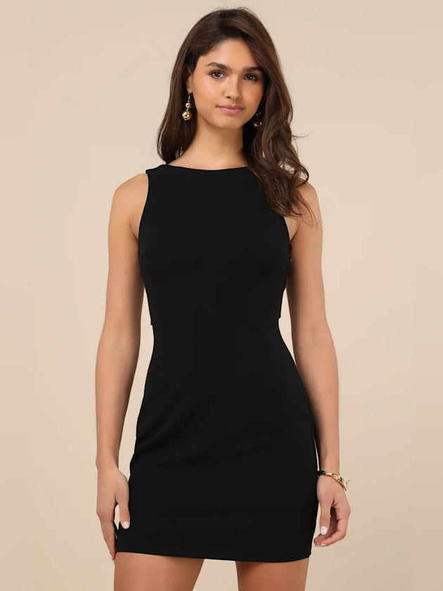 Black sleeveless bodycon mini dress with round neckline and fitted silhouette