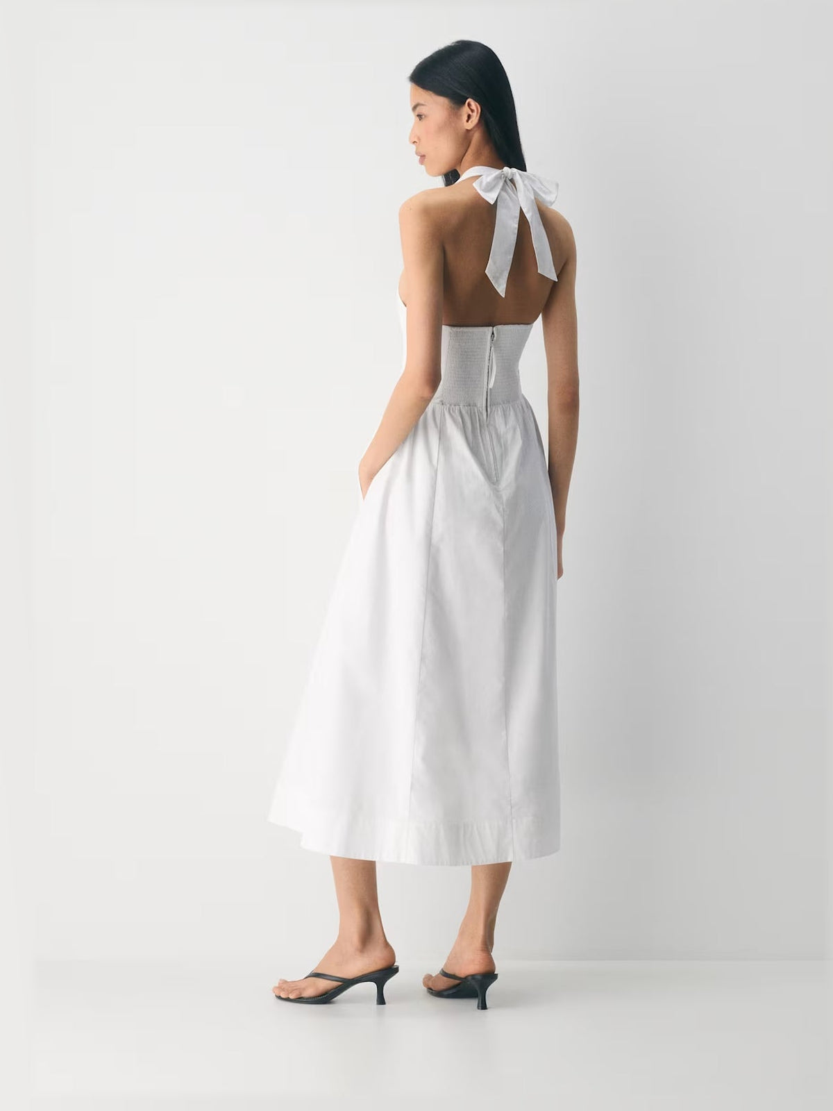 white midi formal dress, back full-length view showing the bodice