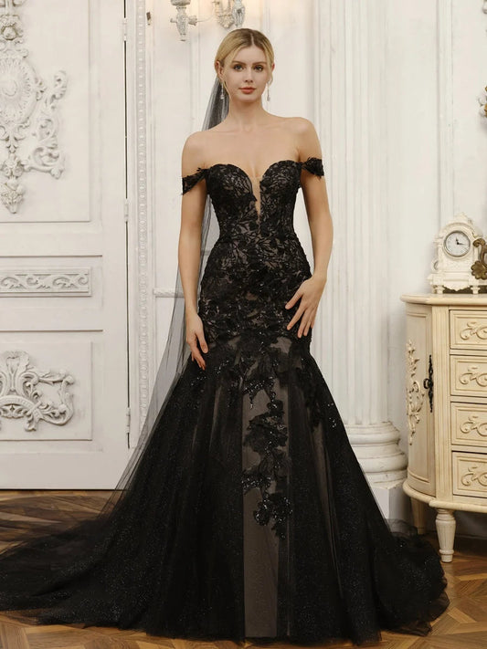 Black off-shoulder mermaid wedding dress with corset lace bodice and layered tulle skirt