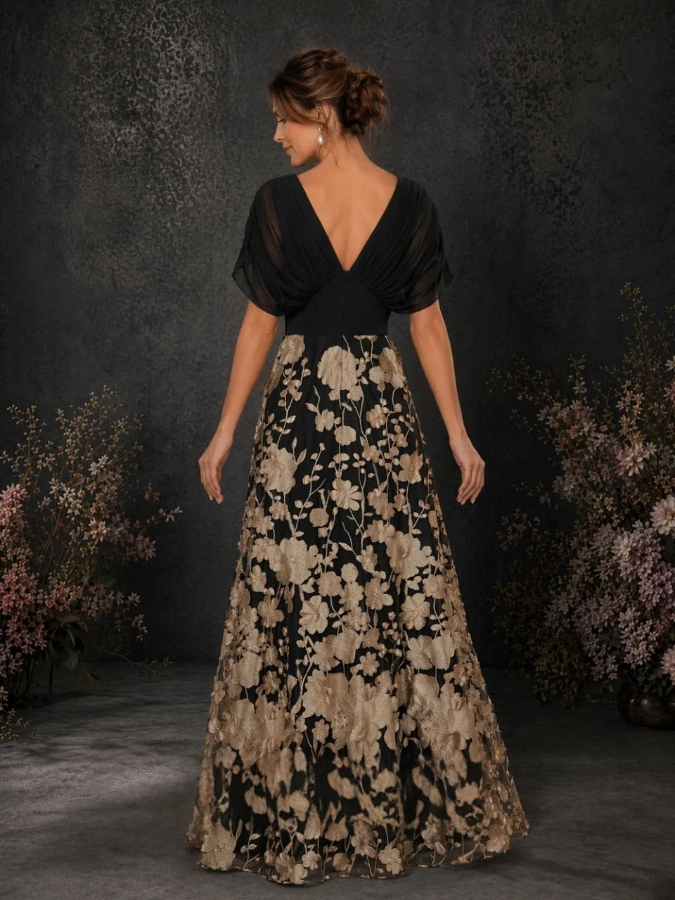 Black V-neck back A-line floor-length floral embroidered dress
