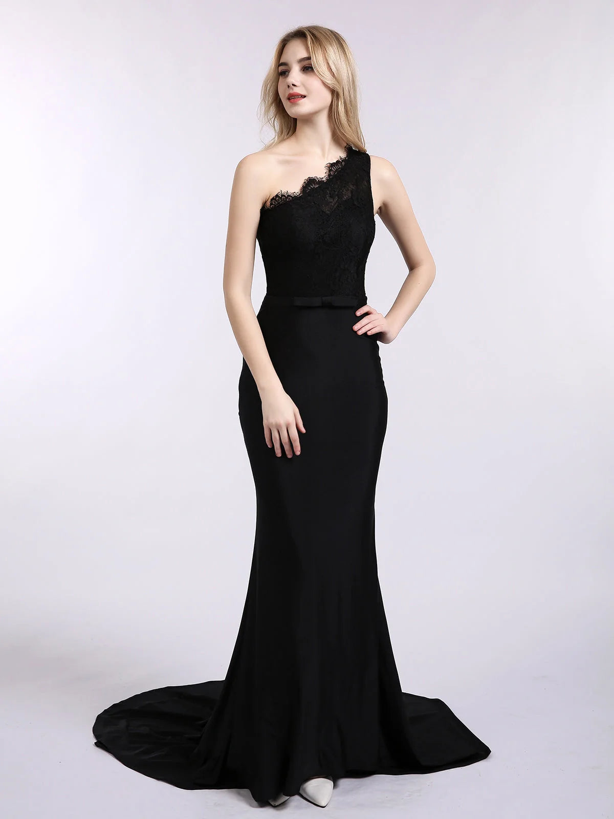 Black one-shoulder mermaid maxi dress with lace top and fitted flared hem