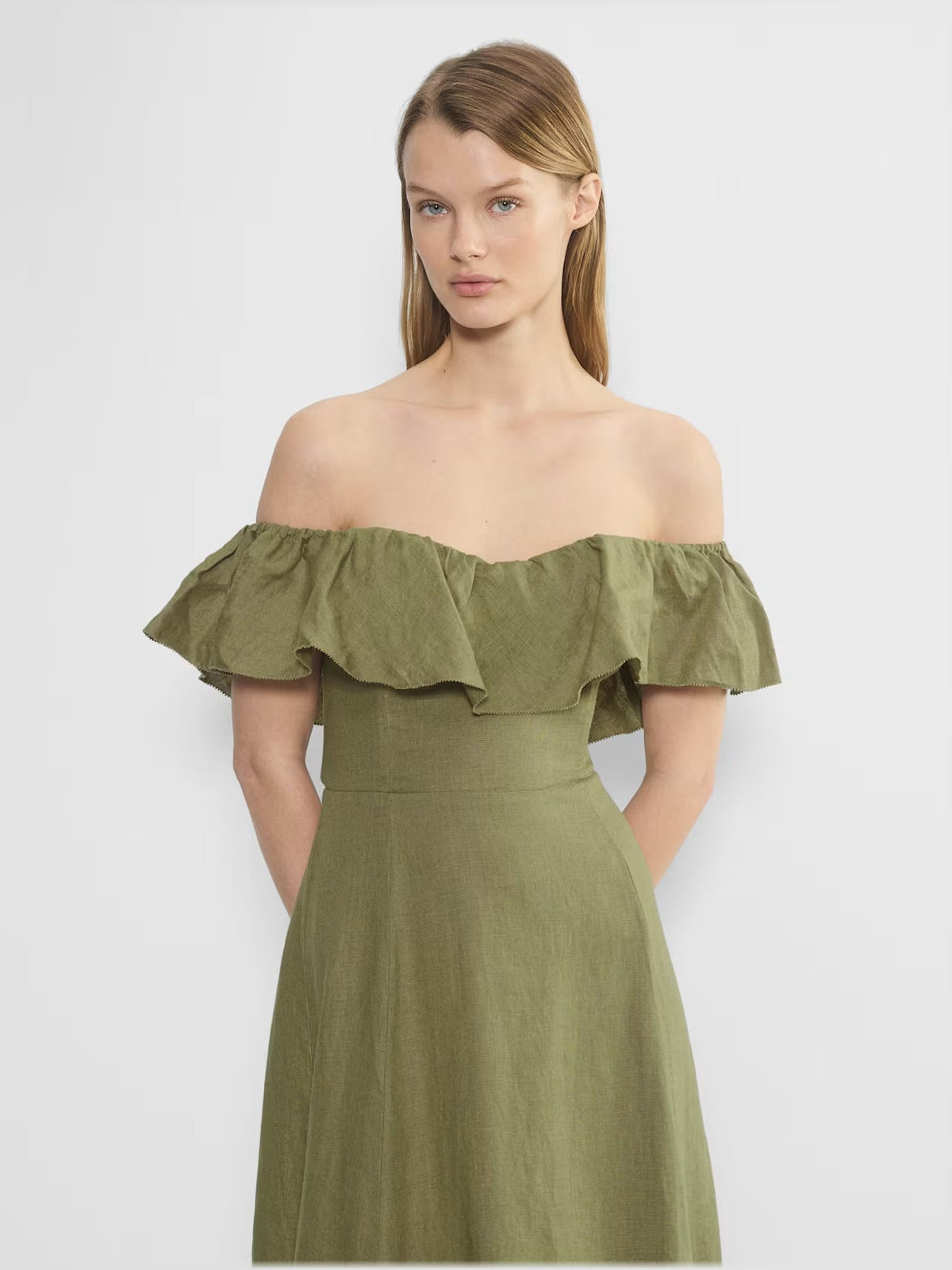Olive off-shoulder linen midi dress with layered ruffle bodice