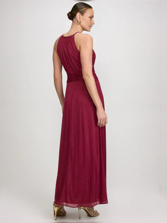 Burgundy halter-neck formal dress, ruched A-line back view, floor length