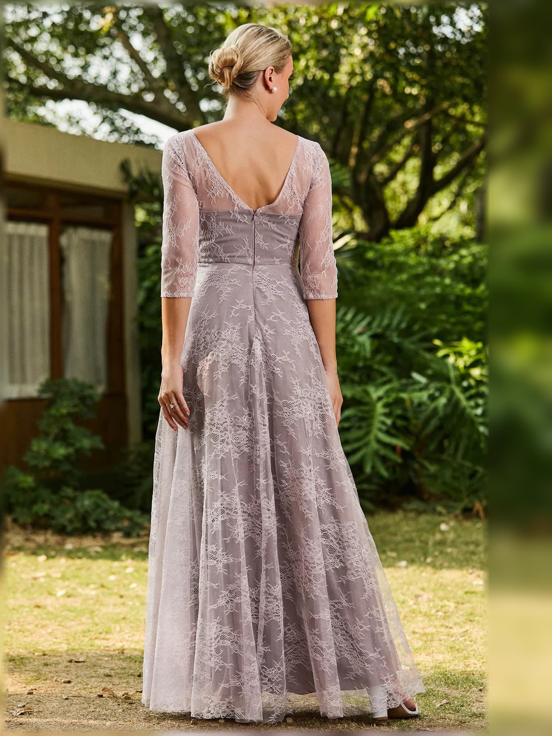 Dusty pink floral lace A-line floor-length dress, open back and 3/4 sleeves