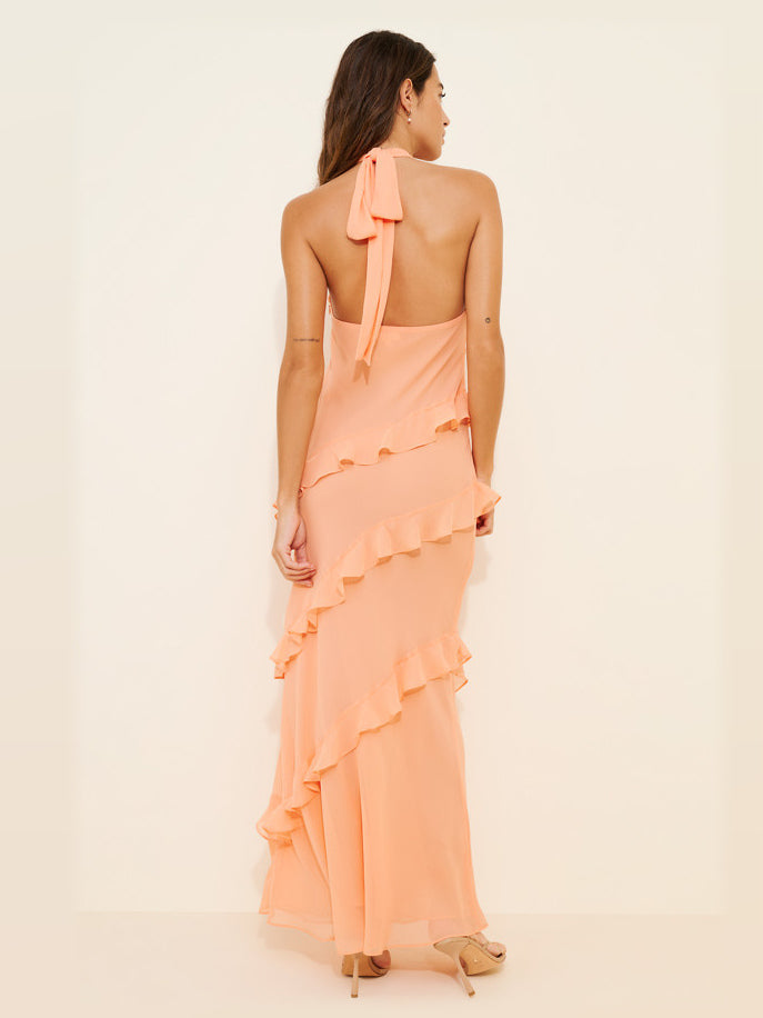 Peach maxi formal dress, back full-length view showing the bodice