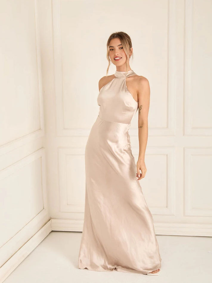 Champagne satin halter neck bridesmaid dress, open-front cutout bodice, long column