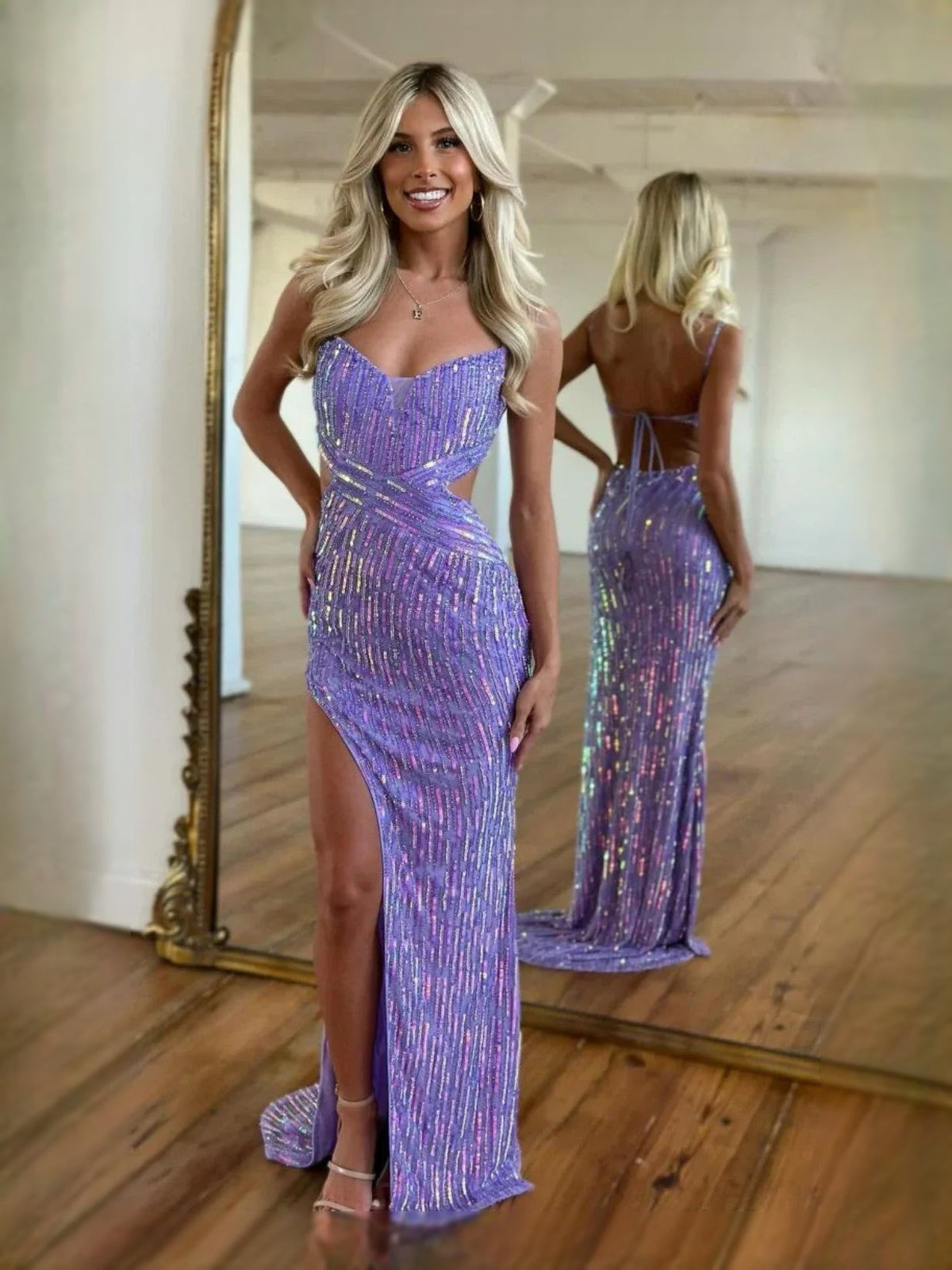 Lilac sequin sweetheart mermaid prom dress with corset waist and thigh-high slit