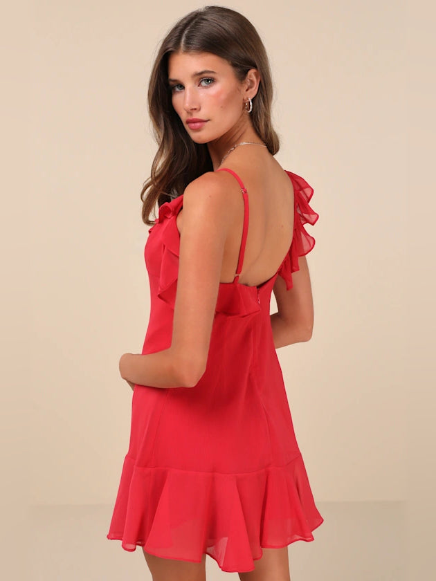 Red mini homecoming dress with ruffled open-back and layered skirt hem