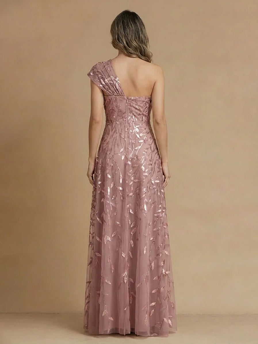 Dusty rose one-shoulder maxi dress, back view with embroidered draped bodice and tulle skirt