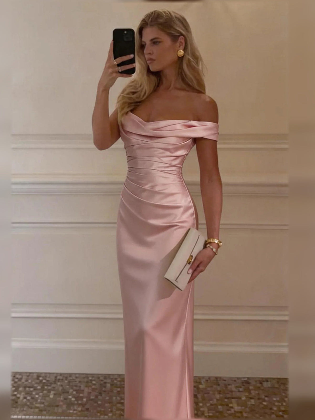 Off-shoulder satin corset formal dress, blush pink, off-shoulder neckline, fitted bodice