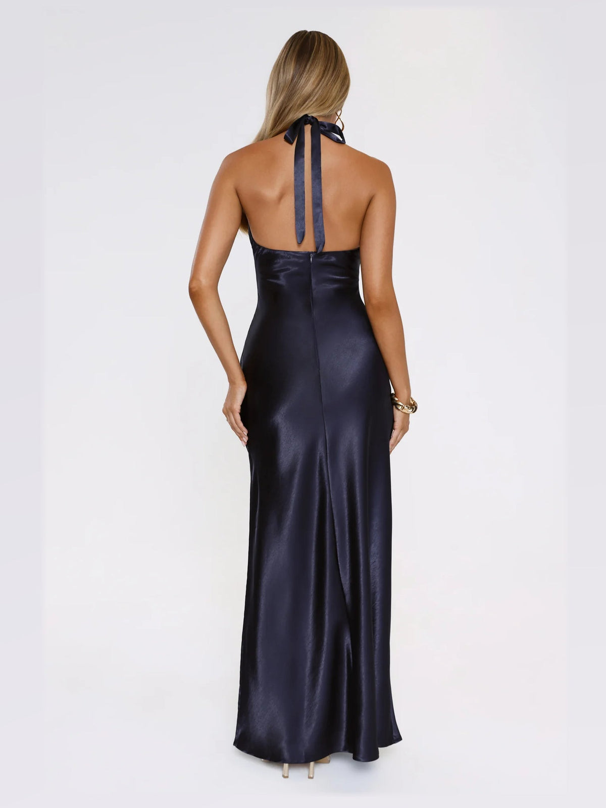 Navy maxi formal dress, back full-length view showing the bodice