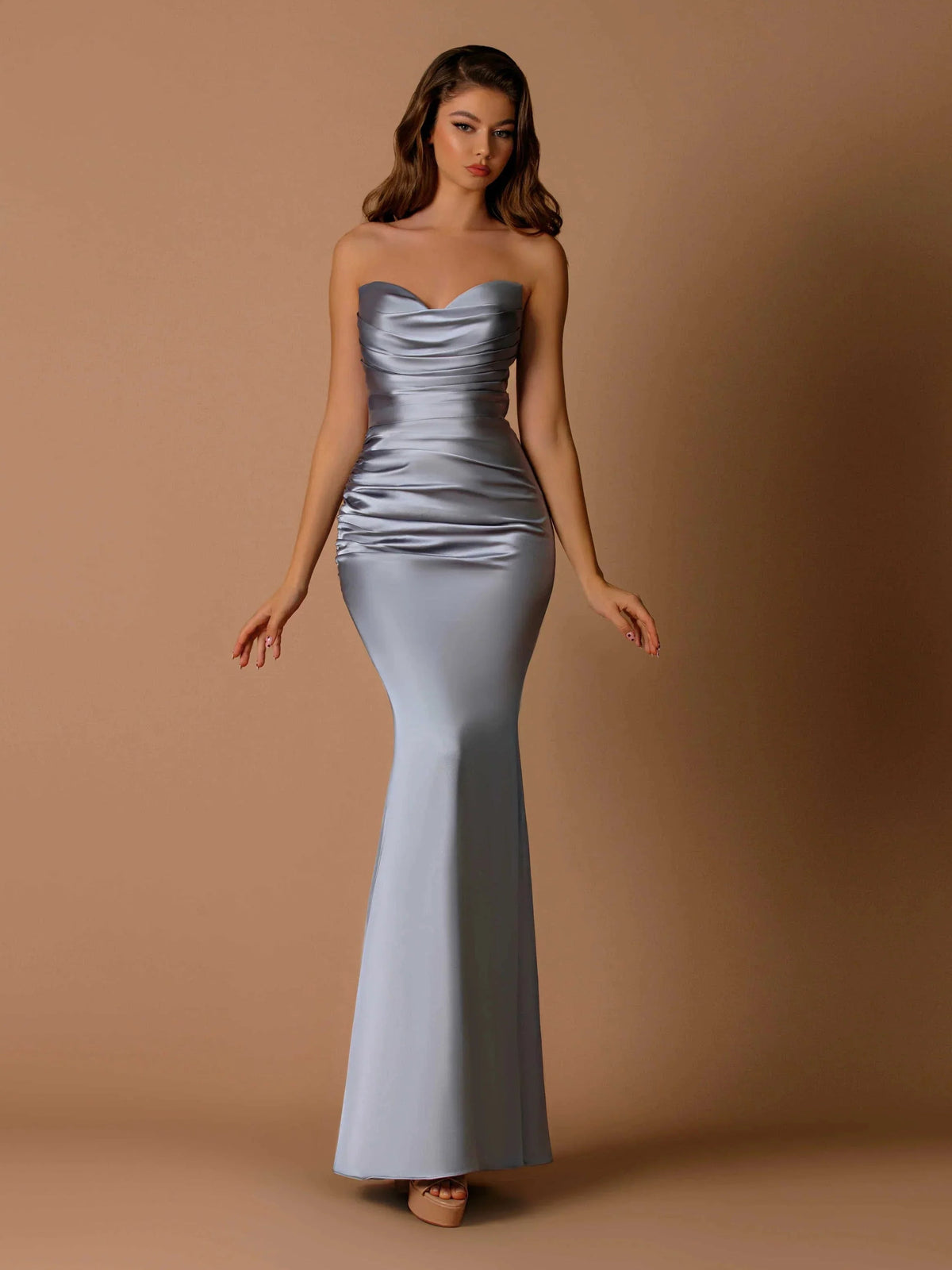 Dusty blue satin strapless sweetheart mermaid dress, ruched bodice, floor length