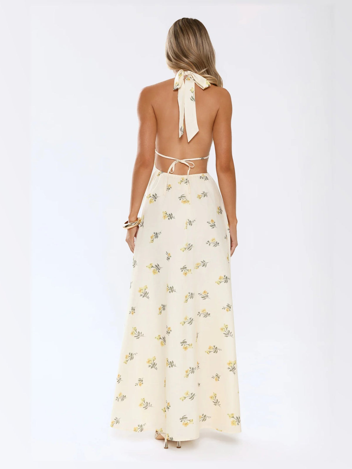 Yellow maxi formal dress, back full-length view showing the bodice
