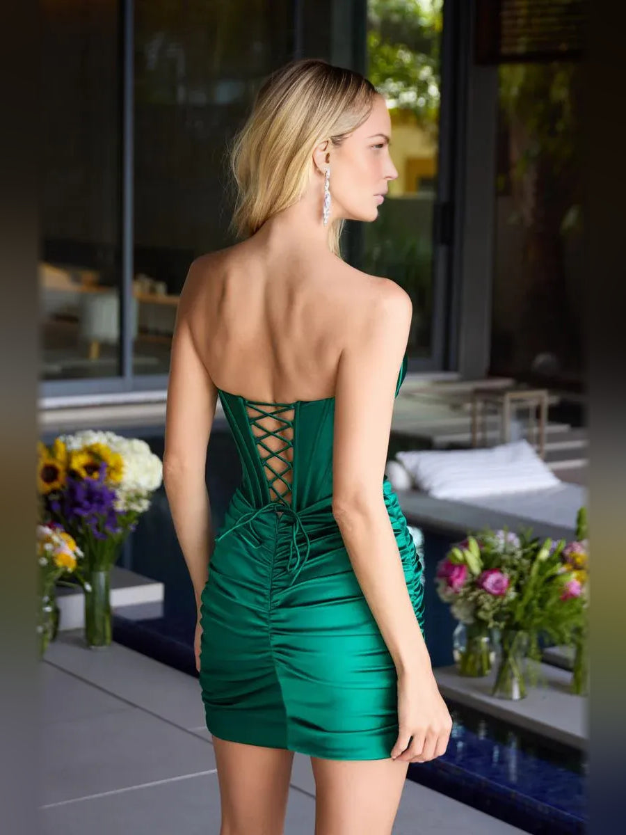 Emerald green satin corset mini dress with crisscross lace-up back and ruched skirt