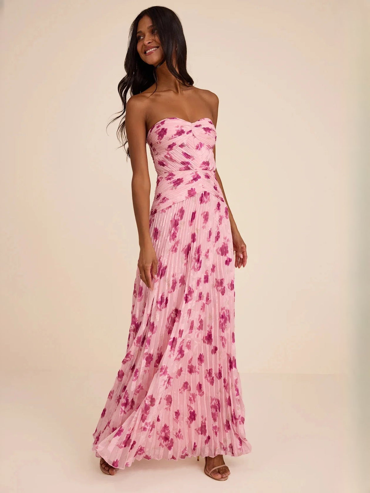 Dusty pink floral chiffon sweetheart maxi dress with ruched bodice and pleated A-line skirt