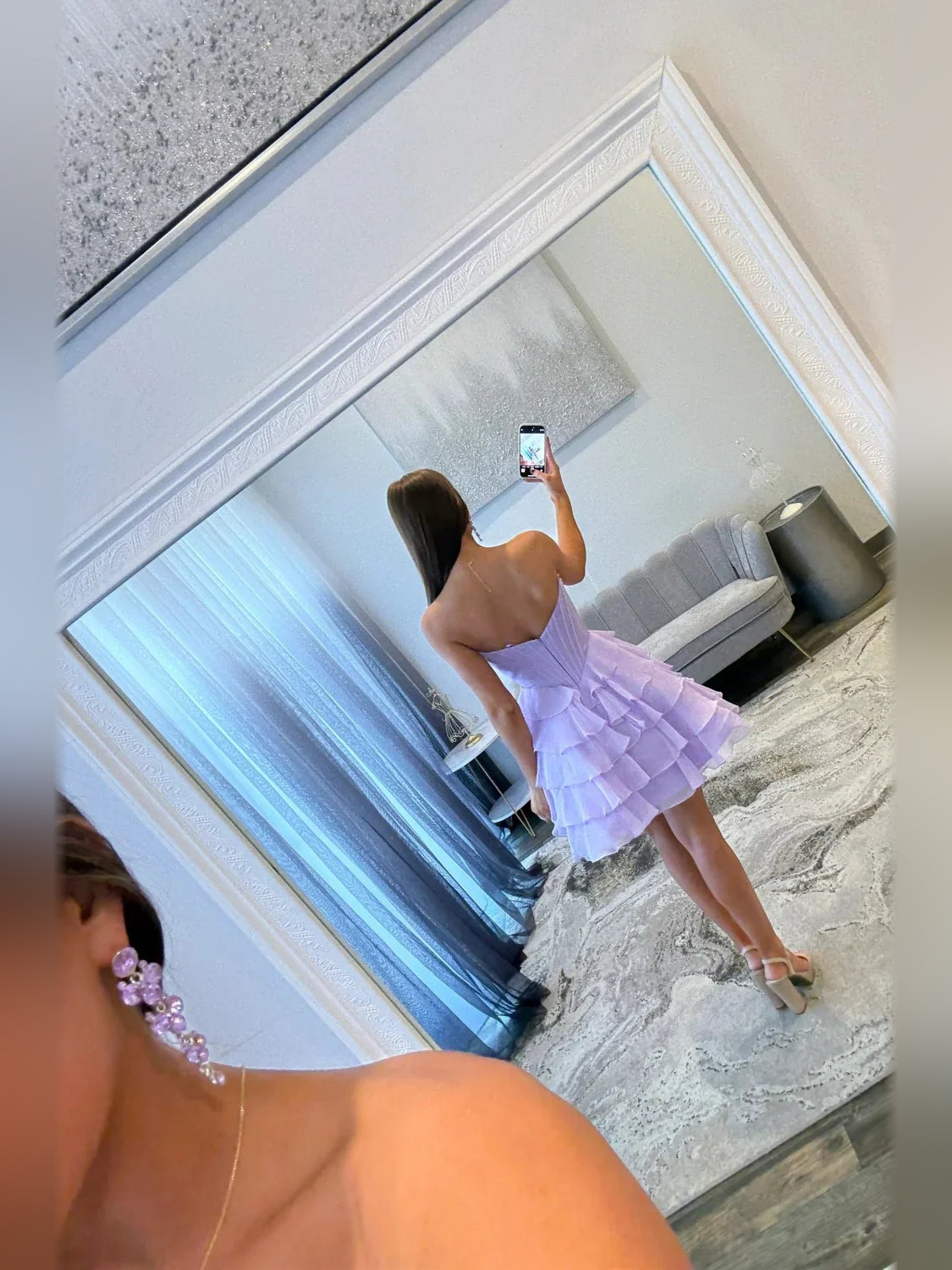 Lilac satin corset dress with sweetheart neckline and tiered ruffle skirt