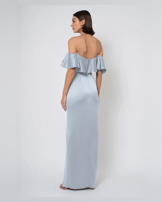 Light blue A-line maxi dress, open back with off-shoulder ruffle sleeves and slit