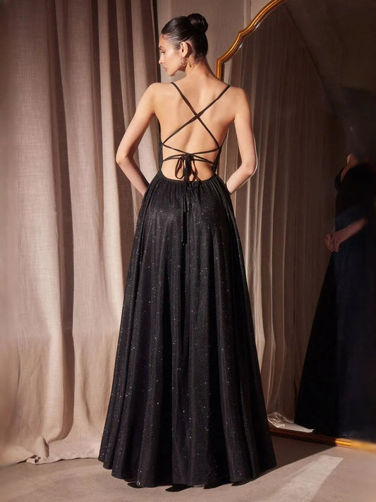 Black glitter backless prom dress with crisscross strappy back and A-line skirt