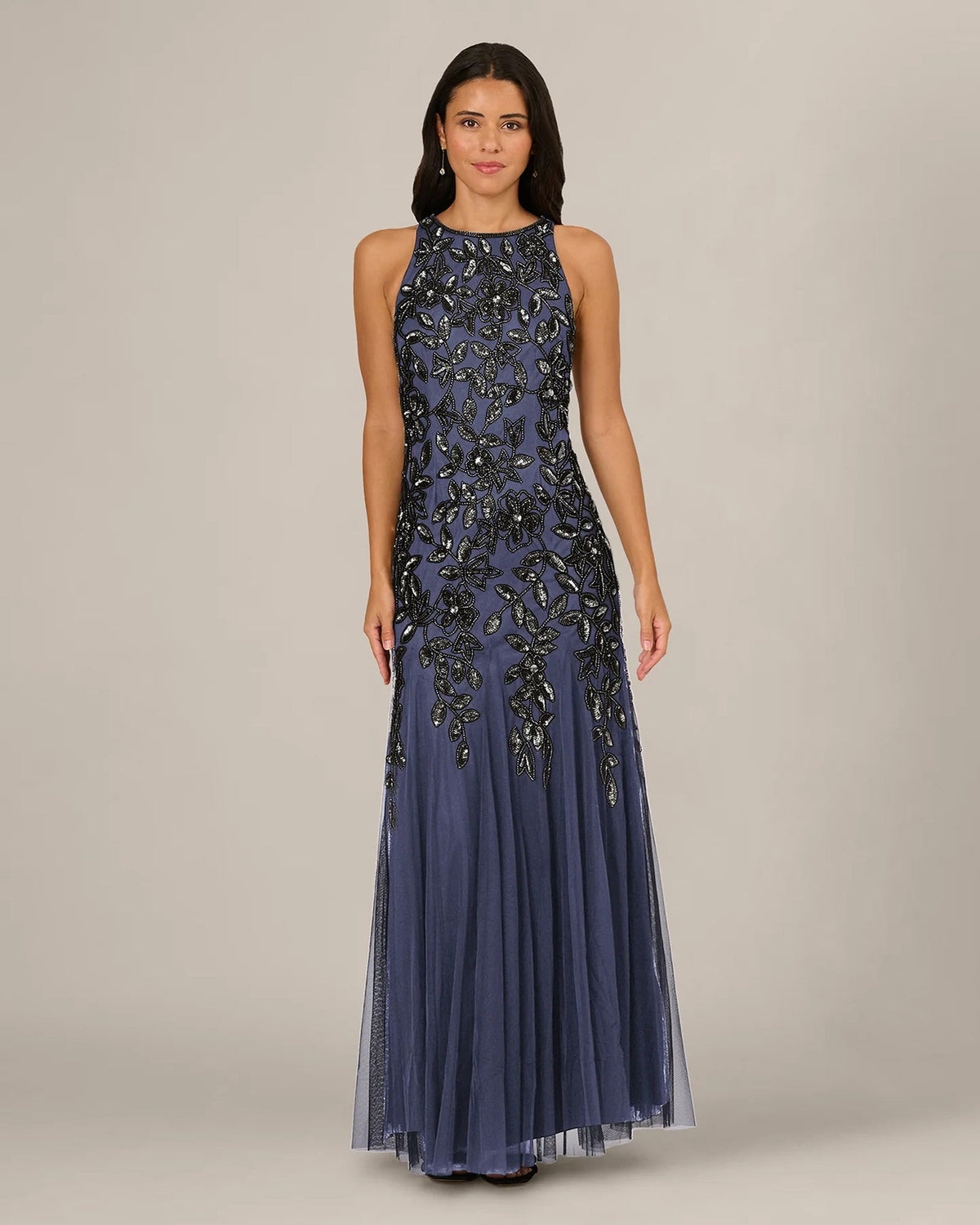 Dusty periwinkle sleeveless A-line maxi dress with beaded floral motifs and tulle hem