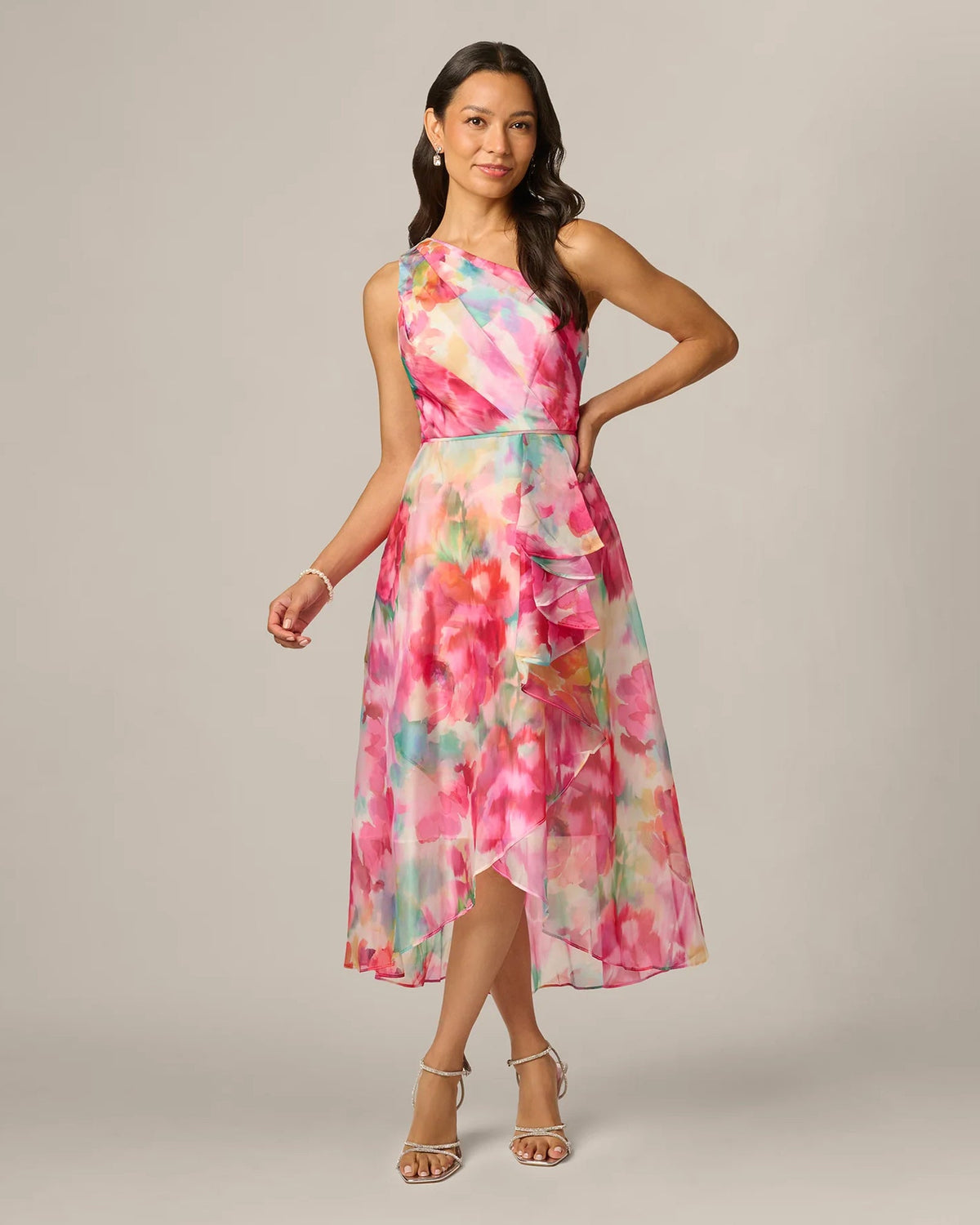 One-shoulder A-line midi dress in pink, green, and cream floral watercolor print.
