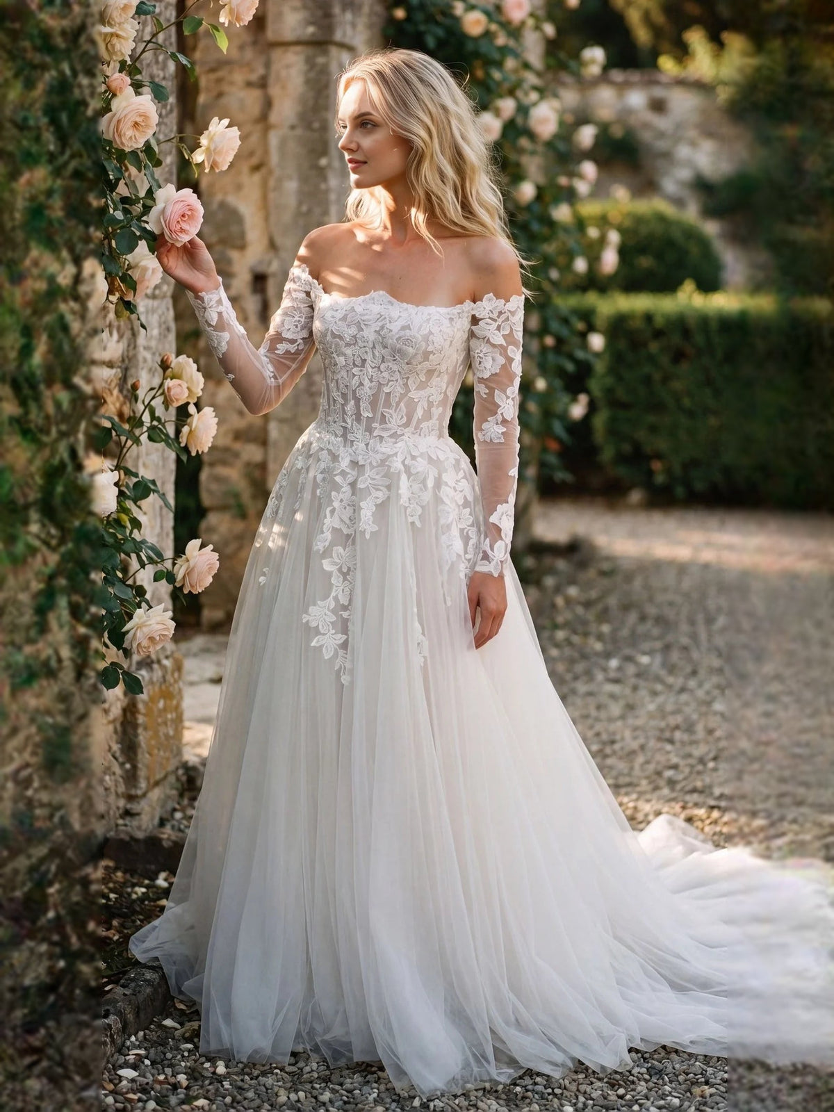 Ivory off-shoulder lace corset A-line floor-length wedding dress with tulle skirt