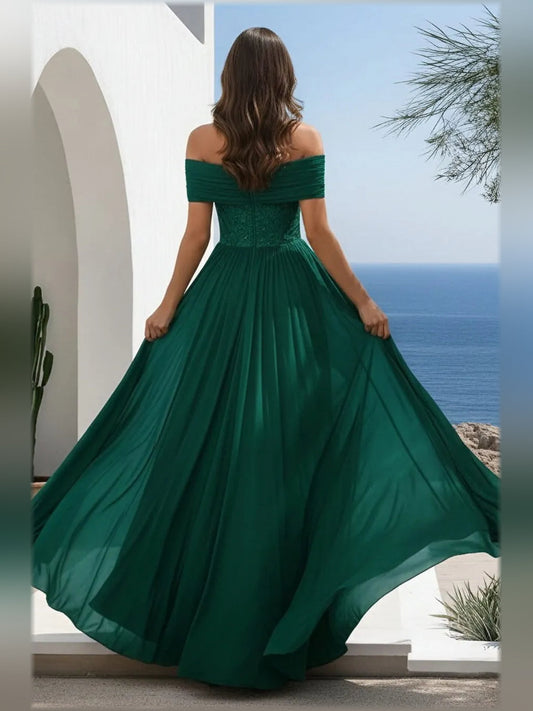 Dark green off-the-shoulder A-line formal dress, seen from the back