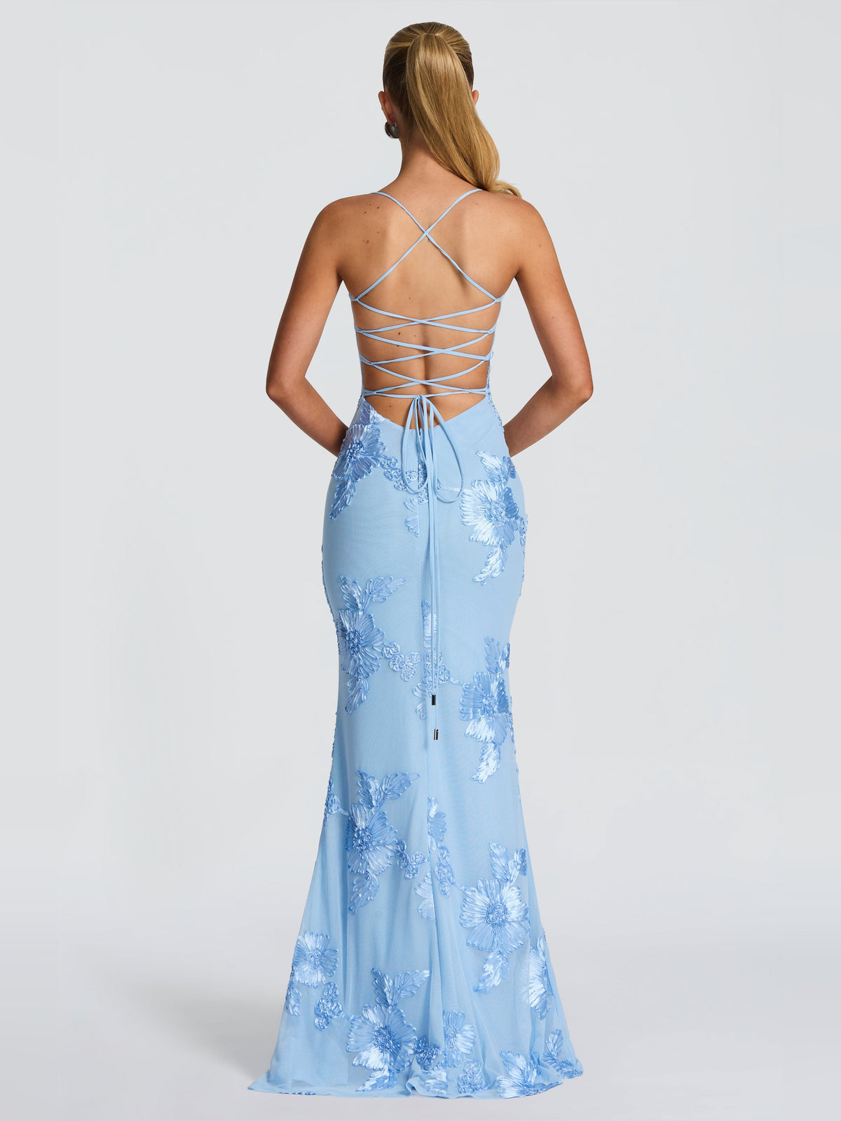 Blue mermaid maxi formal dress with floral appliqu¨¦, full-length back view