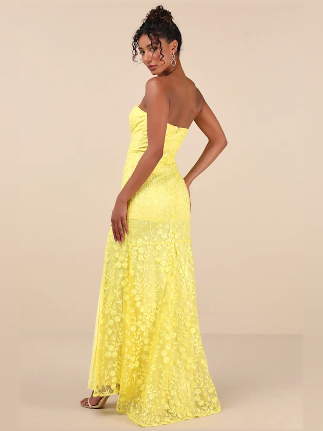 Yellow Floral mermaid maxi formal dress with skirt slit, alternate view