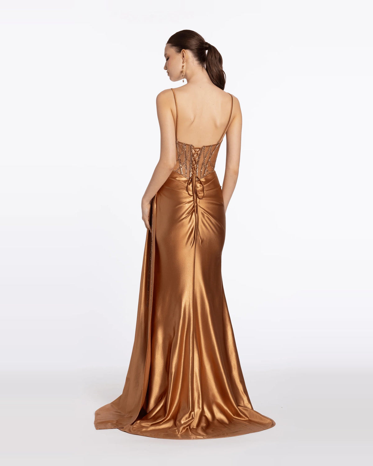 Gold satin corset maxi dress, open back detail and draped column skirt
