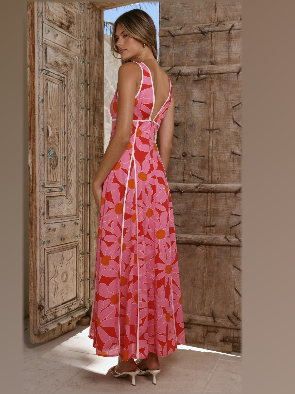 Pink Red Floral maxi formal dress, back full-length view showing the bodice