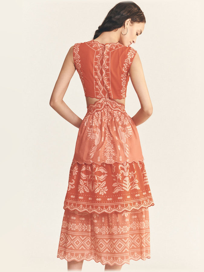 Orange tiered ruffle midi dress, sleeveless back with eyelet trim and gathered waist