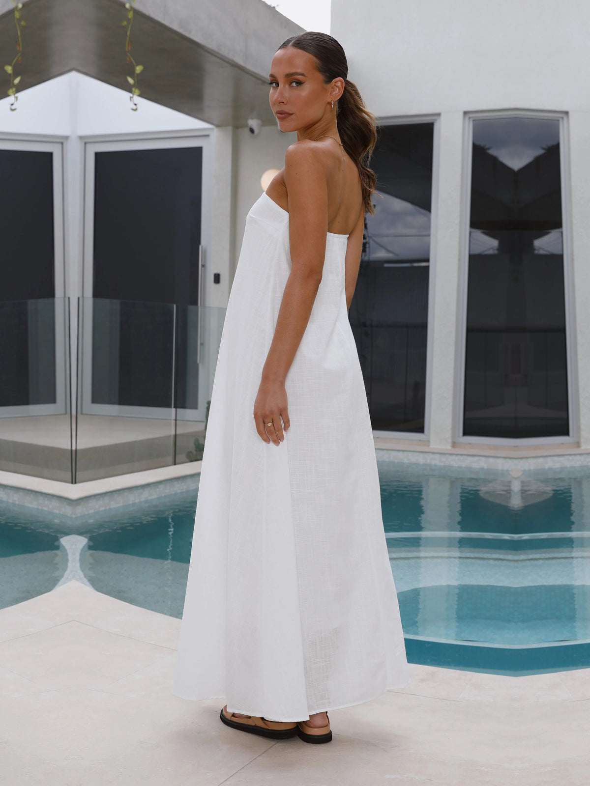 White a-line maxi formal dress with strapless neckline, alternate view