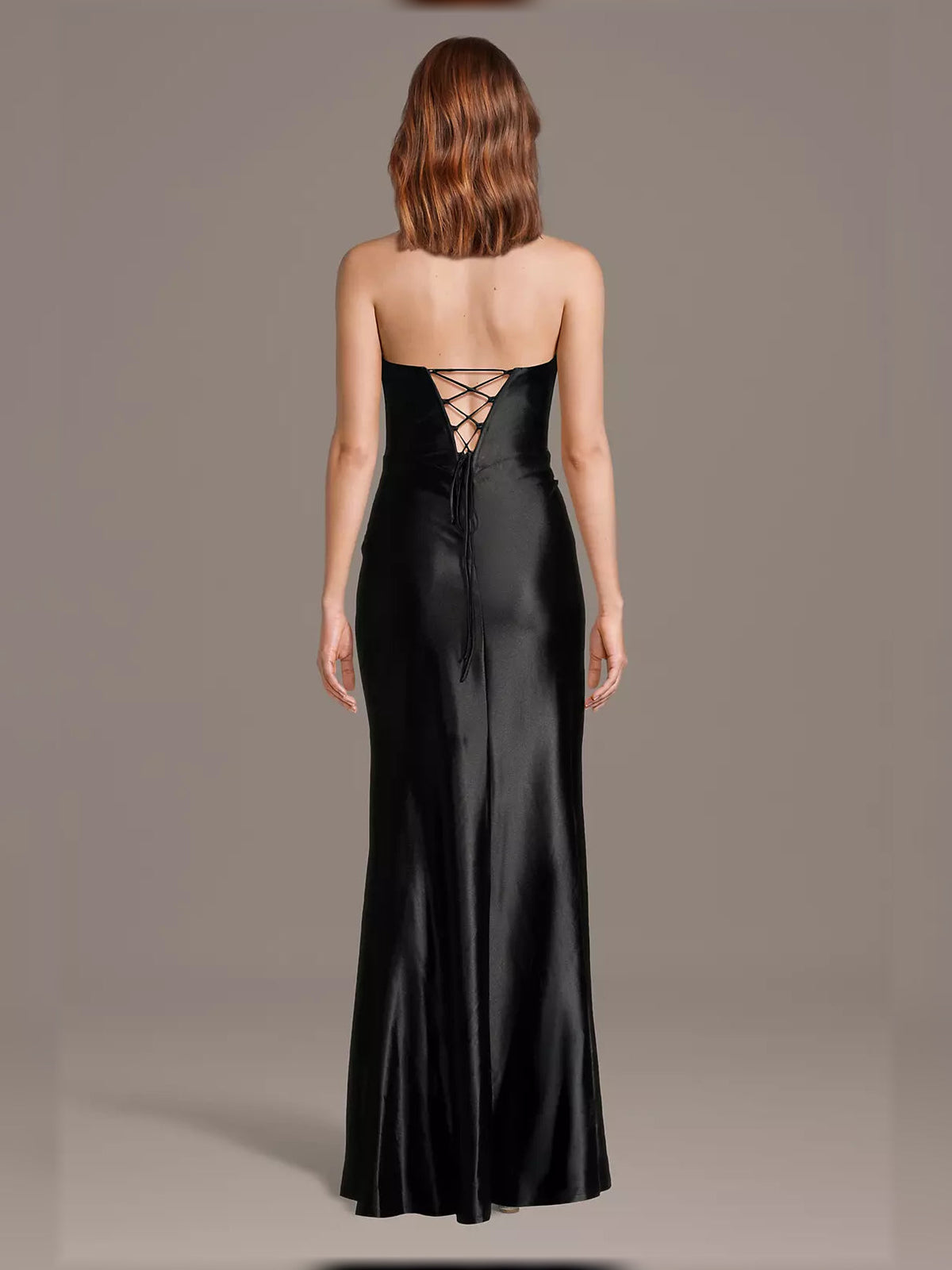 Black satin corset mermaid formal dress with crisscross lace-up back