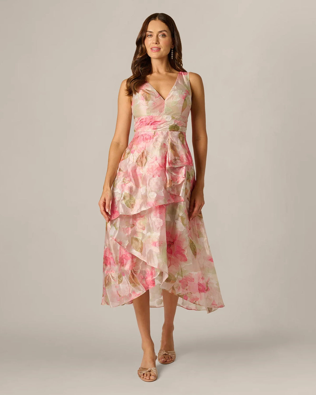 Floral A-line midi dress with sleeveless V-neck and tiered ruffle hem, pink floral print