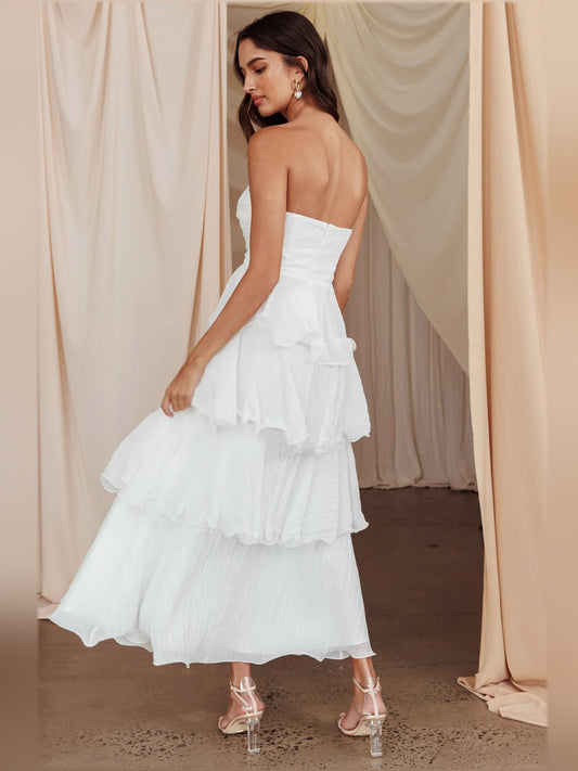 Off-white strapless layered midi dress with tiered ruffle skirt, side view