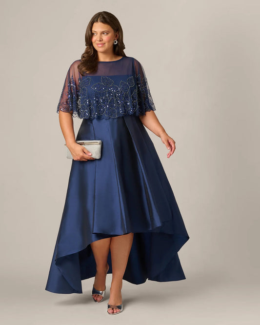 Light navy A-line maxi dress with sequined sheer overlay and asymmetrical hem