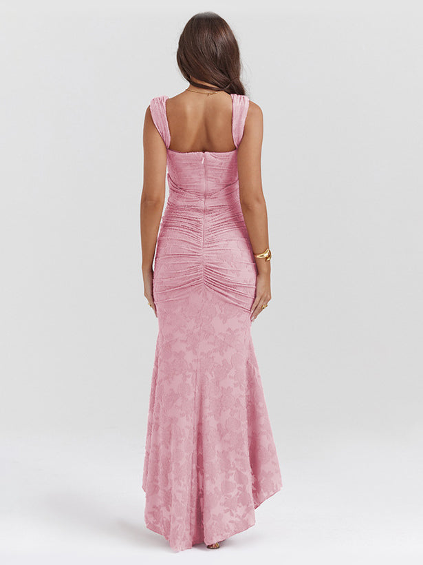 Pink Floral maxi formal dress, back full-length view showing the bodice