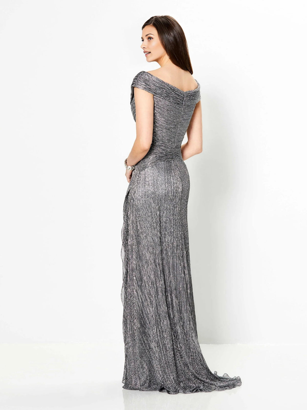 Charcoal metallic off-shoulder floor-length gown with draped twist waist, side view